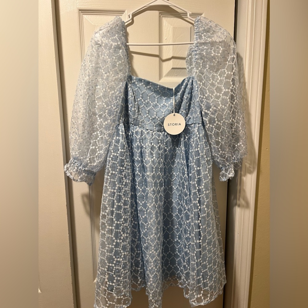 Storia baby blue babydoll dress with bubble sleeves